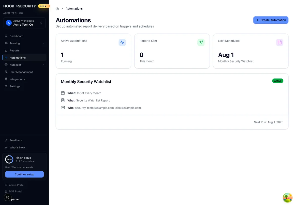The Automations page with its summary tiles and a monthly watchlist automation card