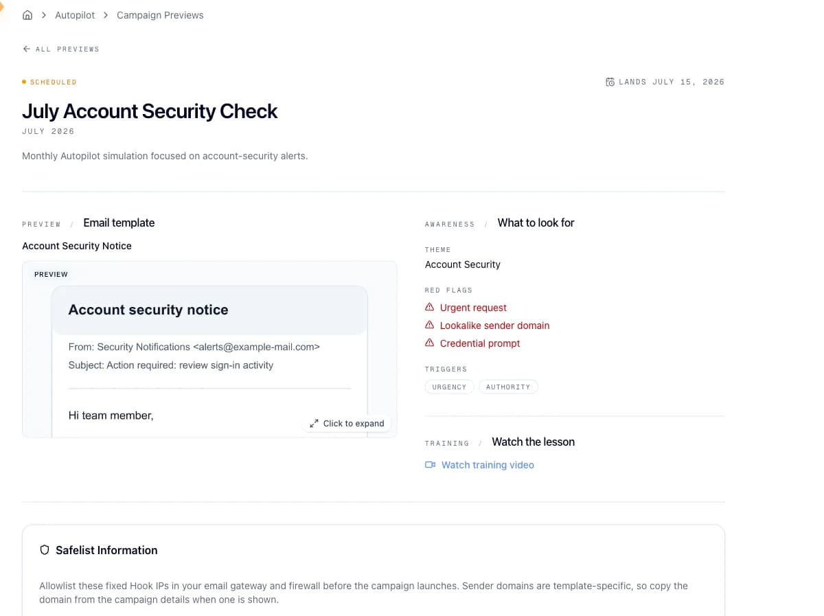 A campaign preview showing the rendered email screenshot and the educational context
