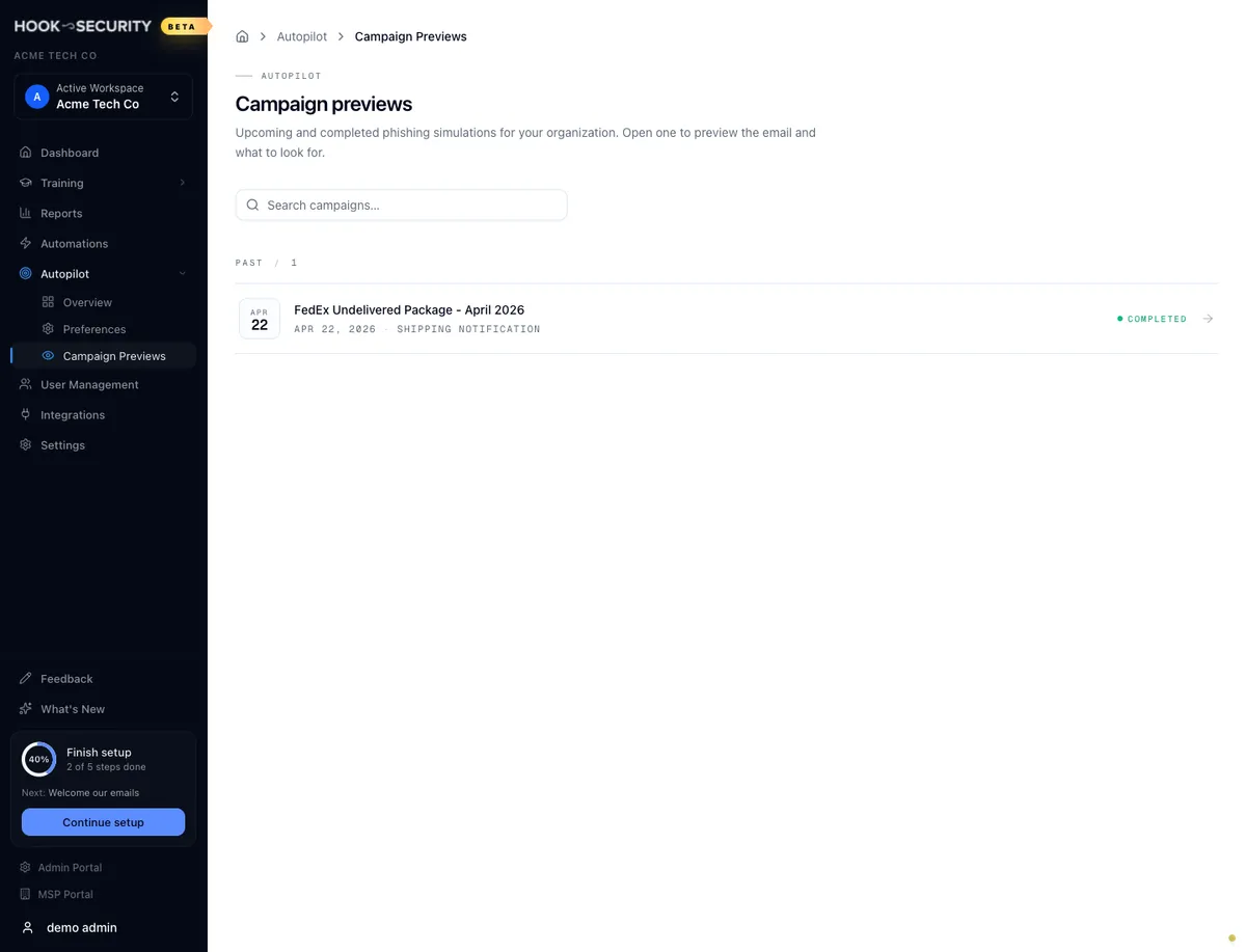 The Campaign Previews list with the search box and a completed campaign row