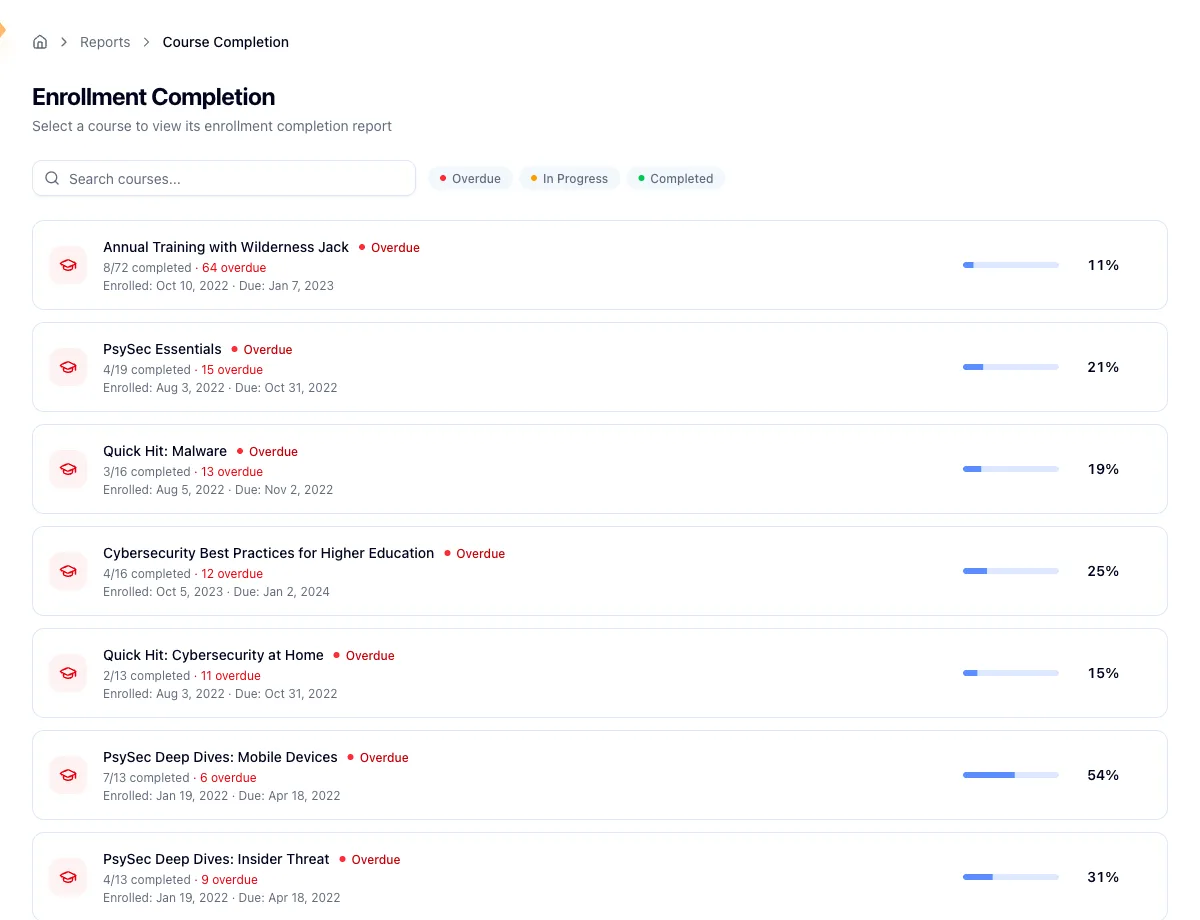 Enrollment Completion picker showing course rows with status, completed counts, due dates, and progress bars