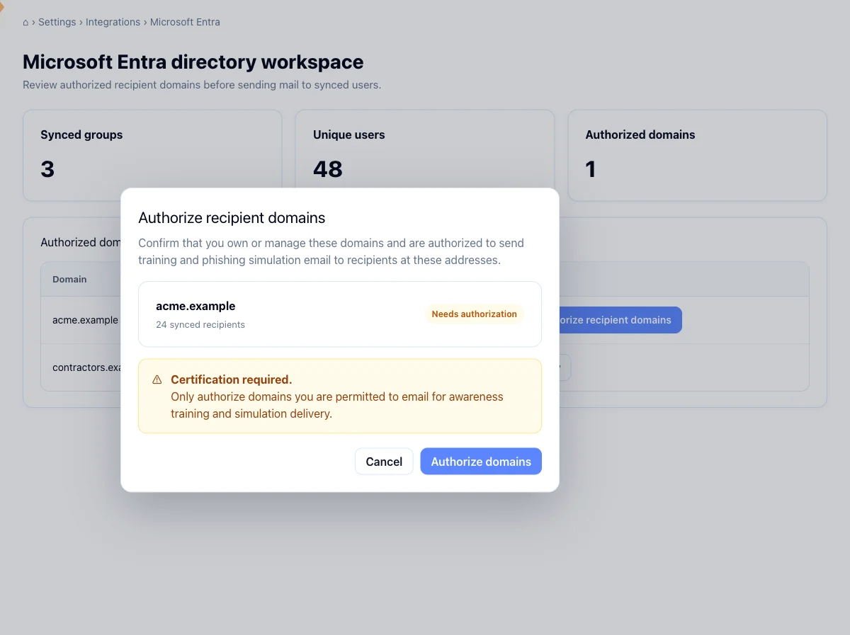 Authorize recipient domains dialog with the certification text and the confirm and cancel buttons