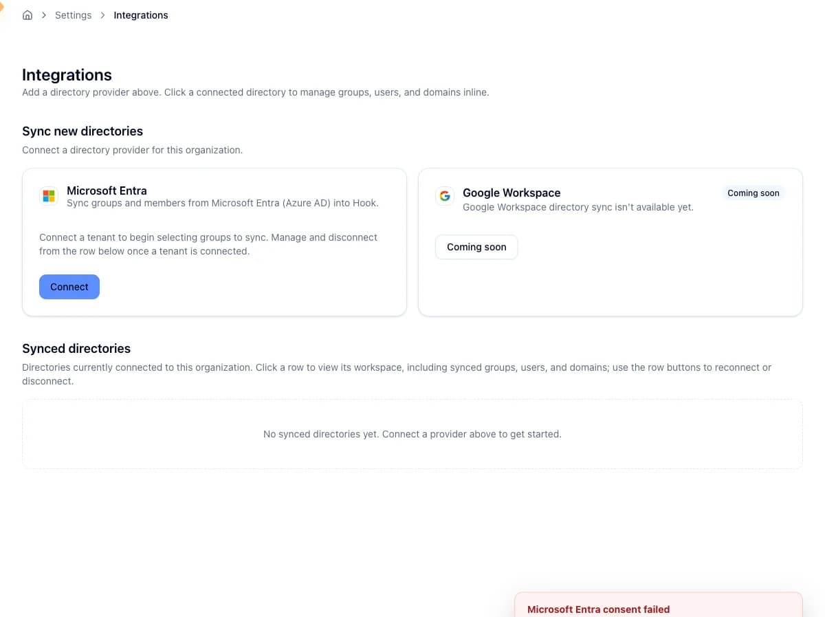 Integrations page showing a Microsoft Entra consent failure toast after a failed connect