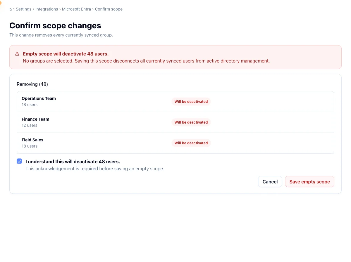 Directory scope change preview with the empty-scope warning and the required deactivation checkbox
