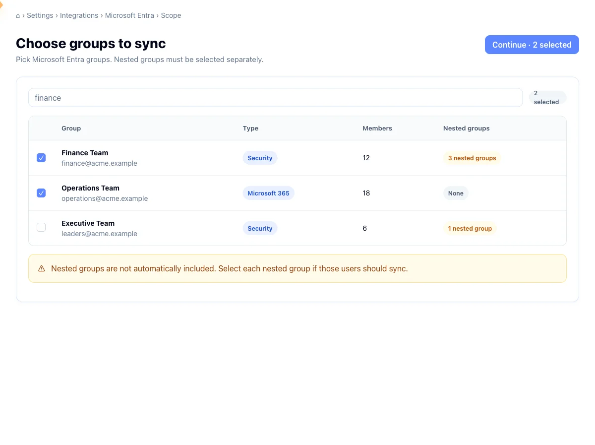 Directory group picker showing the selected groups counter and nested group badges