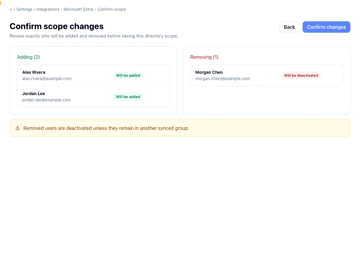 Confirm scope changes screen with Adding and Removing sections and a removed user tagged for deactivation
