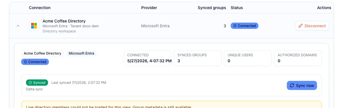 Directory sync block showing the last sync time and the Sync now button