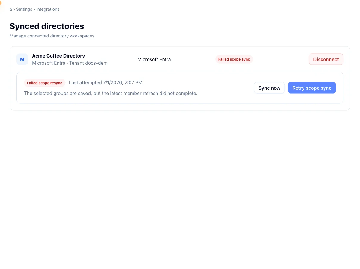 Directory sync block in the failed scope resync state with Sync now and Retry scope sync buttons