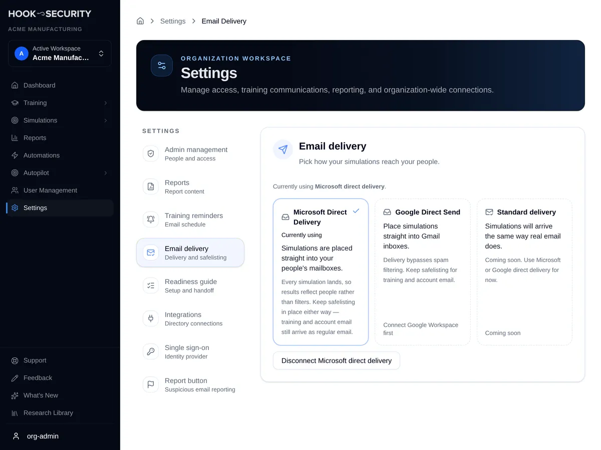 Email delivery settings with Microsoft Direct Delivery marked as currently using, Google Direct Send waiting for Google Workspace, and Standard delivery coming soon