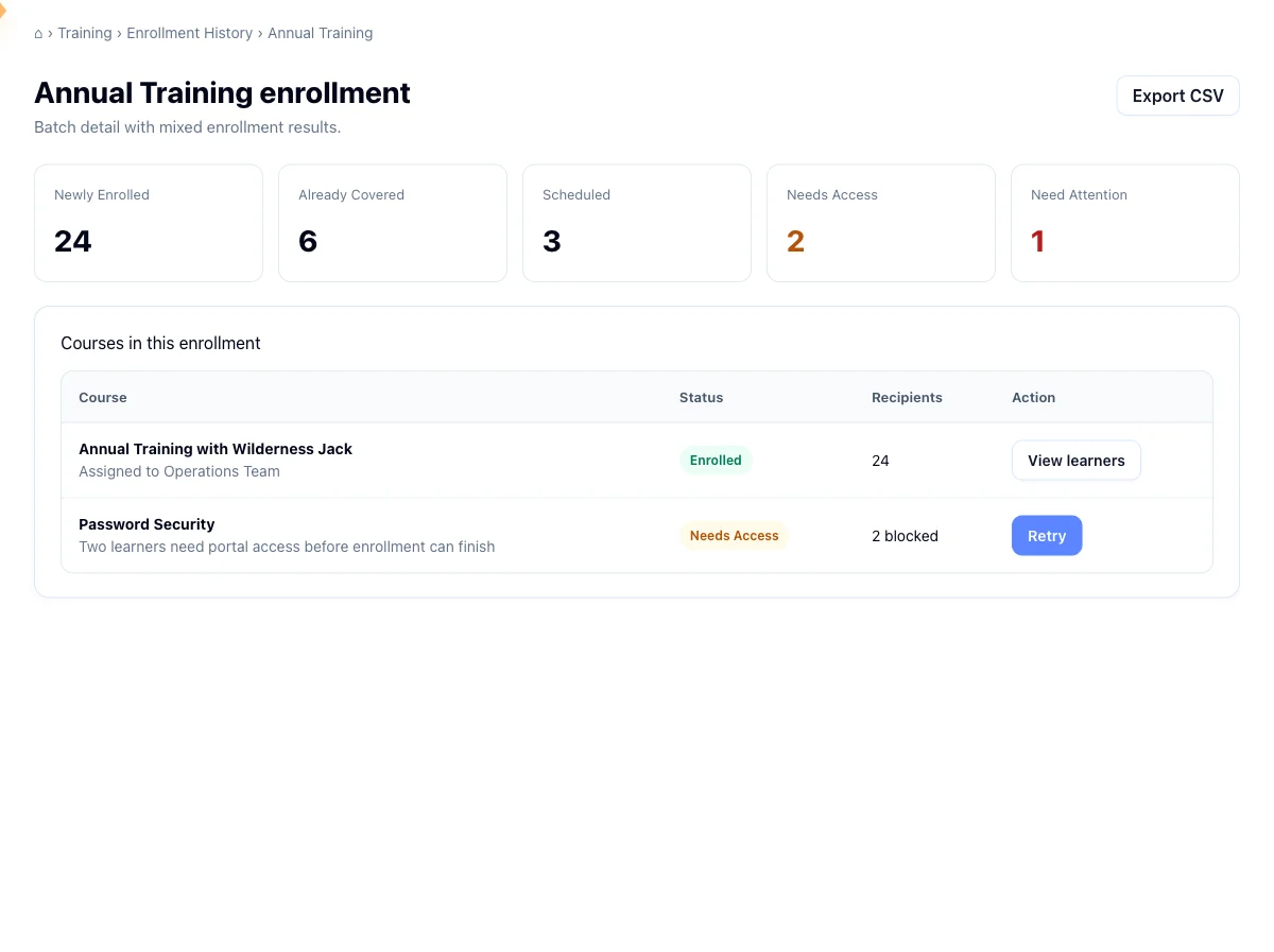 A batch detail page with the Newly Enrolled, Already Covered, Scheduled, Needs Access, and Need Attention cards