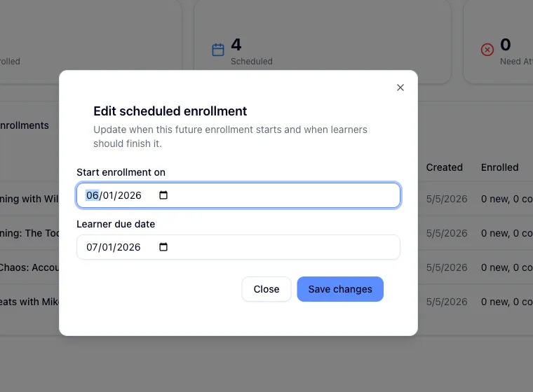 The edit dialog with the start enrollment and learner due date fields