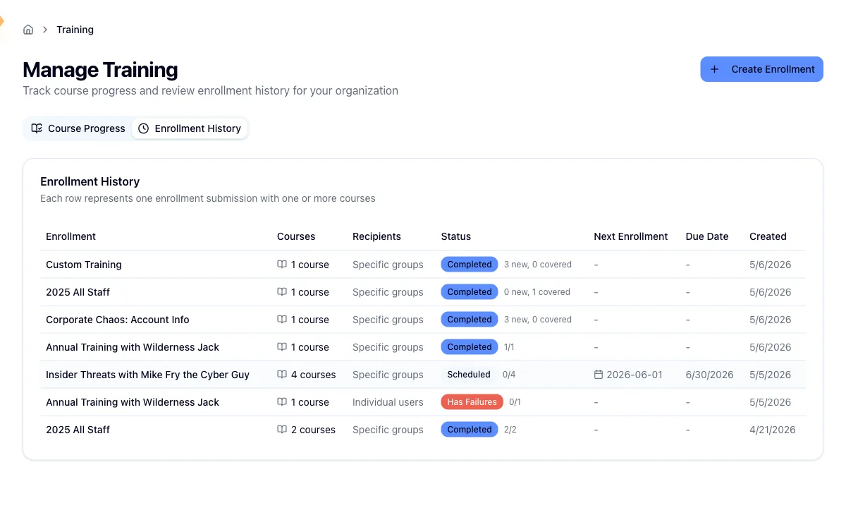 The Enrollment History tab with the batch table and status badges