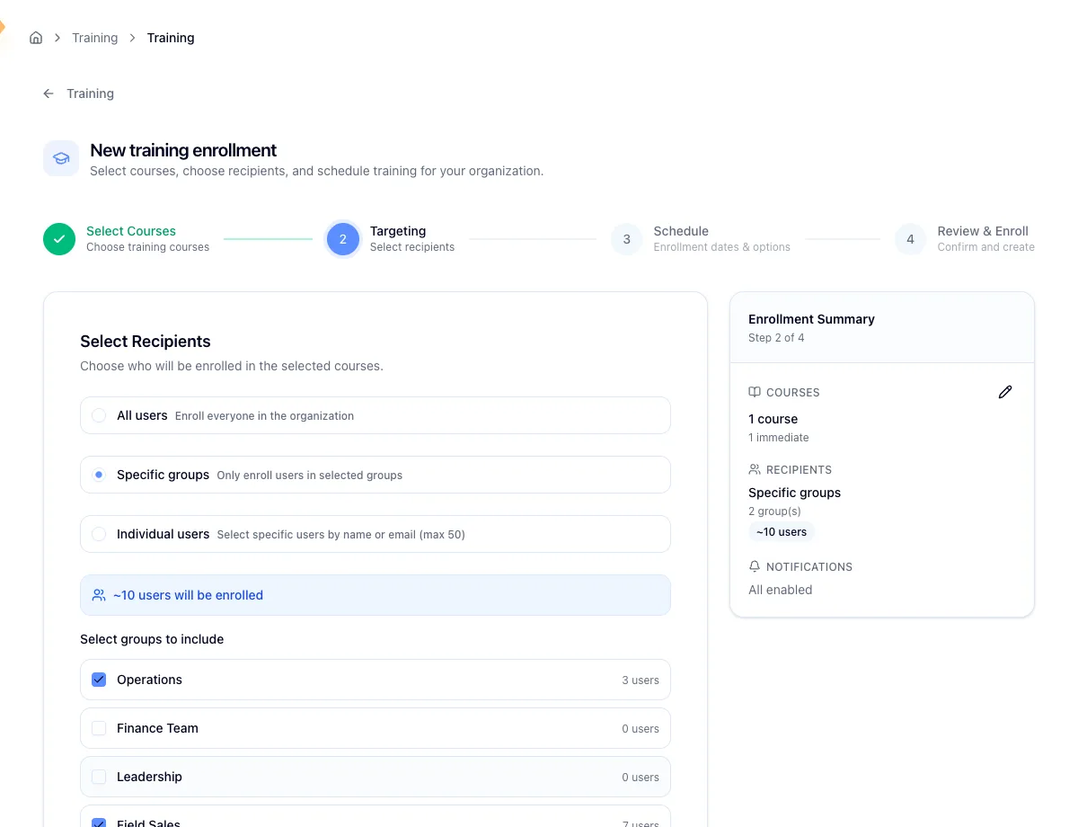 The targeting step with Specific groups selected and an estimated user count in the summary