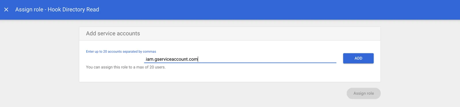 The Assign role page with a service account email ending in iam.gserviceaccount.com in the Add service accounts field