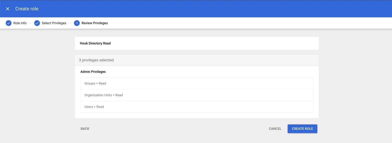 The Review Privileges step of Create role, listing Groups, Organization Units, and Users, each with Read