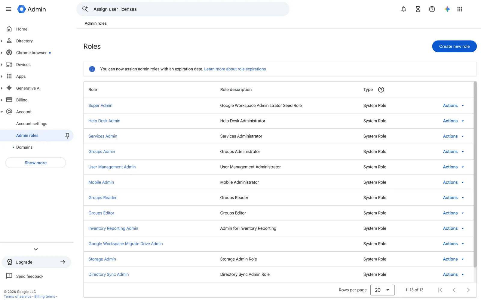 The Admin roles page in the Google Admin console, with Create new role at the top right