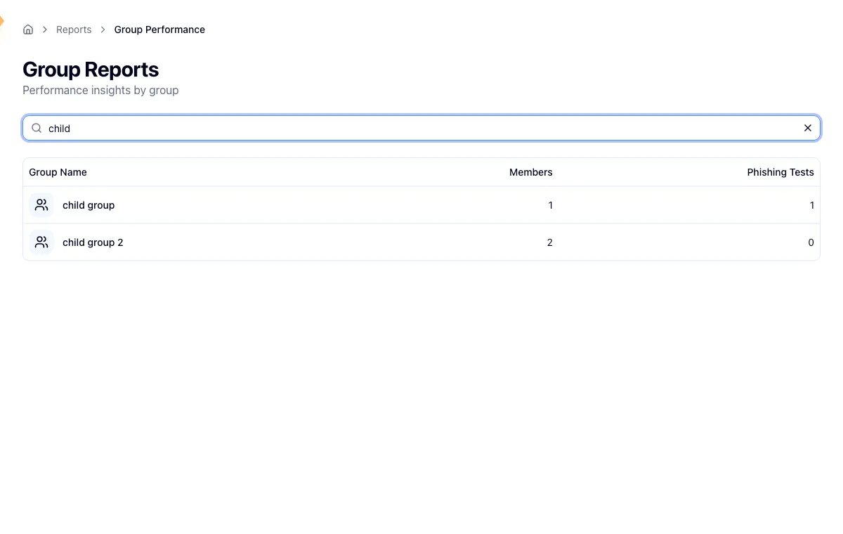 Group Reports table filtered by a search term