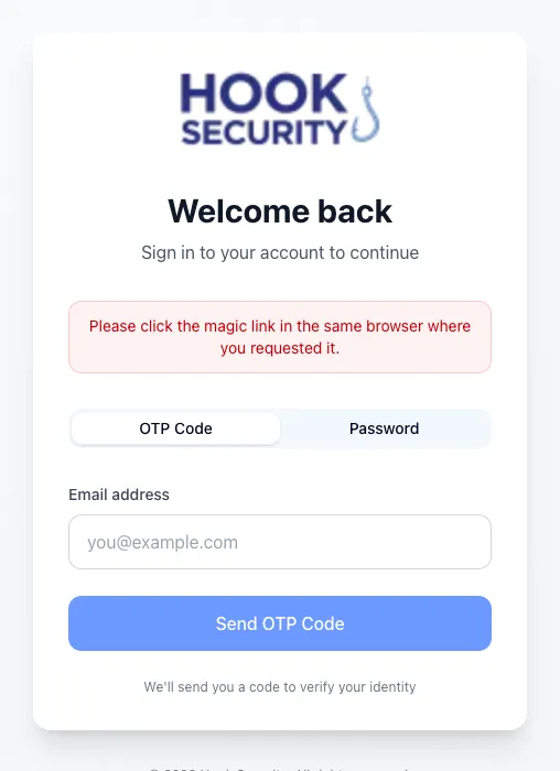Hook login screen with a banner asking you to open the sign-in link in the browser where you requested it