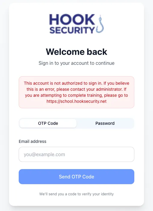 Hook login screen with the code and password tabs and an error banner across the top