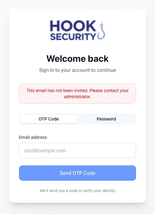 Hook login screen with a red banner saying the email has not been invited