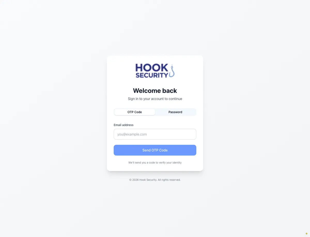 The Hook login card with the one-time code tab selected and a password tab beside it