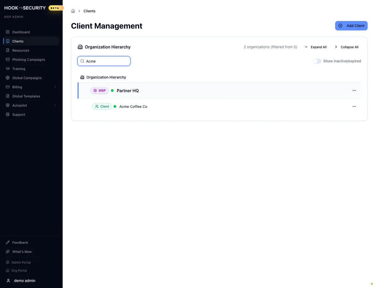 The client directory with the hierarchy expanded and one client matched by search