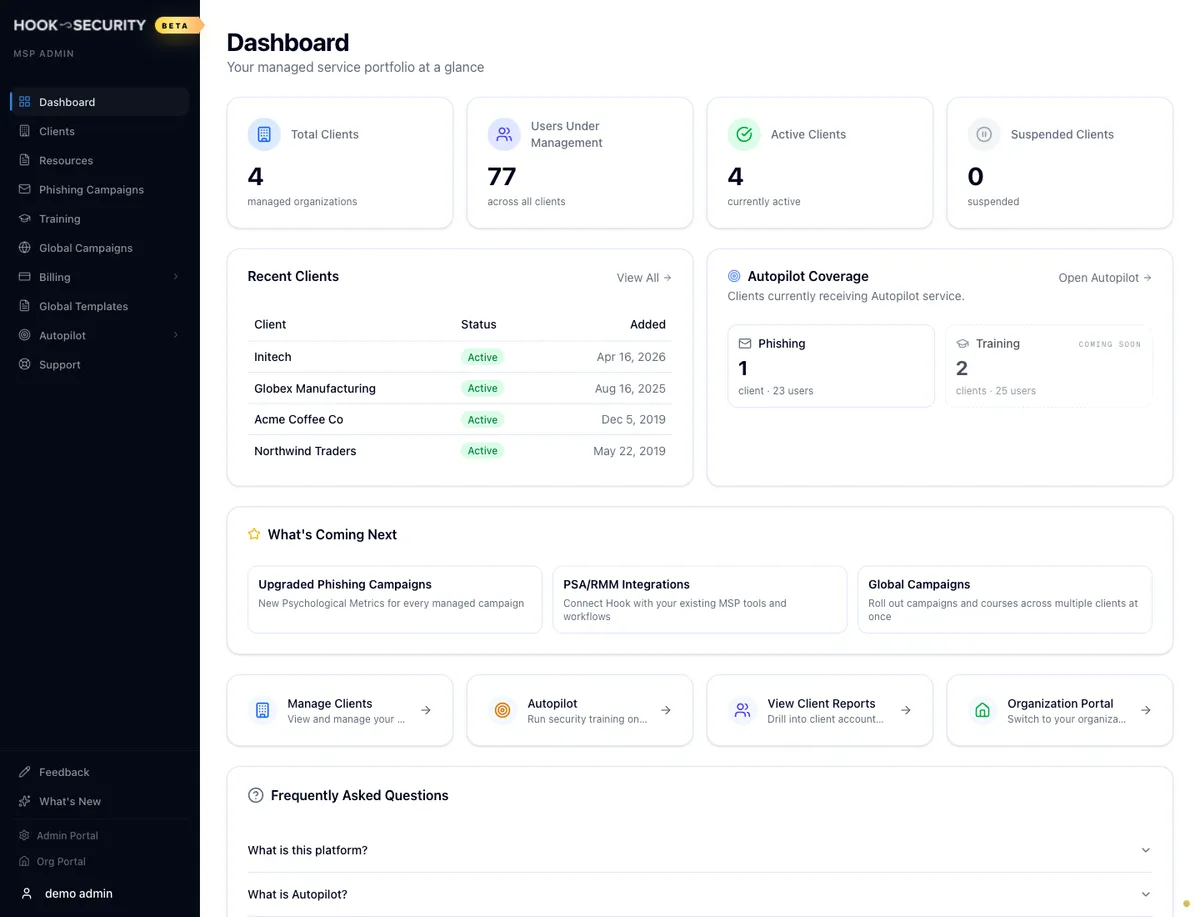 The MSP dashboard with portfolio metric cards, the Recent Clients list, roadmap items, and quick actions