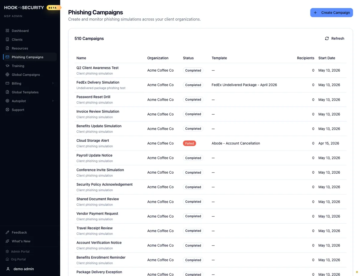The MSP Phishing Campaigns list with launches grouped into rows and the Create Campaign button