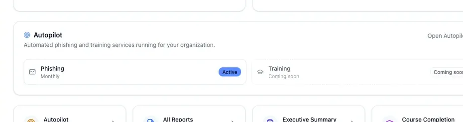 The Autopilot card with phishing active and training marked coming soon