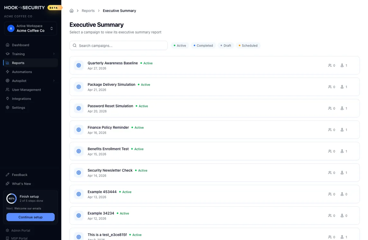 Org portal layout with the left sidebar and the Executive Summary breadcrumb header