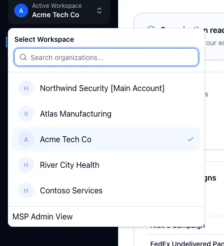 The sidebar workspace switcher open, showing the active workspace and the other organizations available