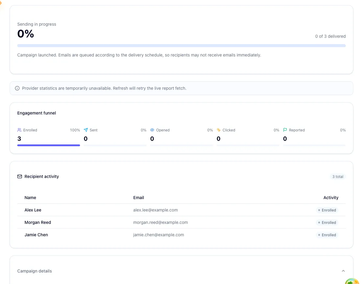 The expanded campaign details panel with delivery, tracking, and provider fields