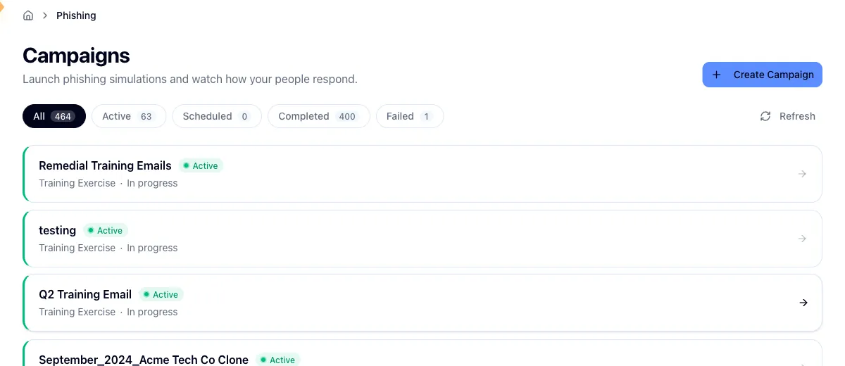 The phishing campaigns list with status filters and campaign rows