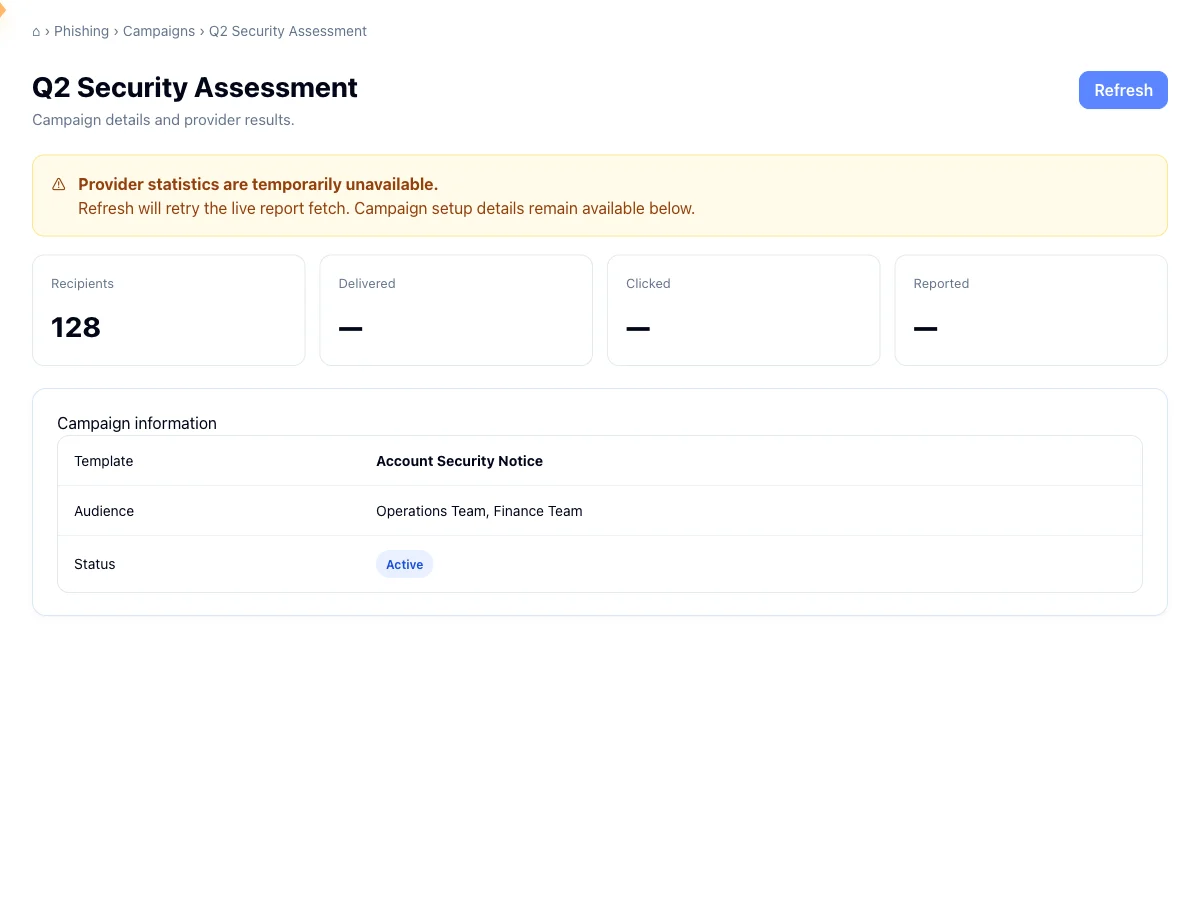 Campaign detail page with a banner saying provider statistics are temporarily unavailable