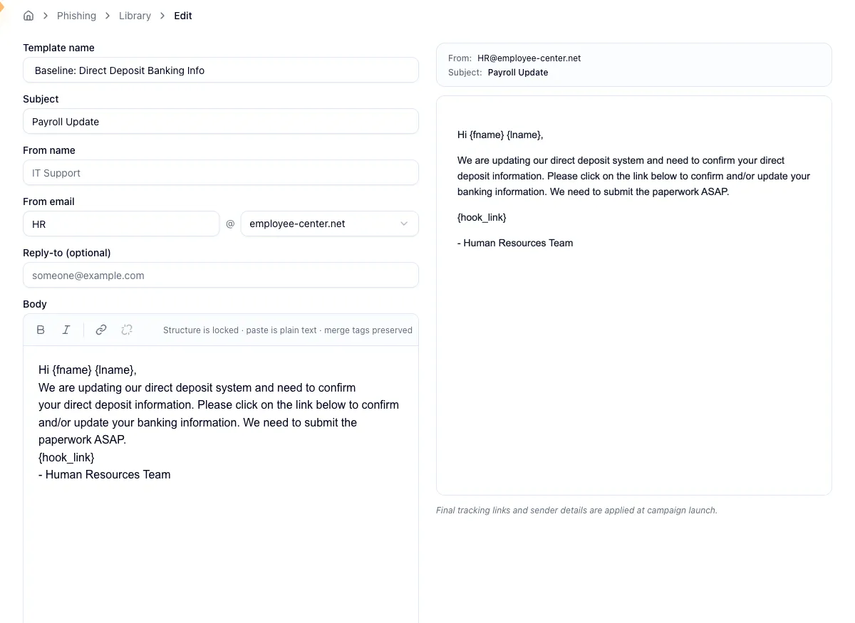 The template editor with sender fields, body editor, and live preview
