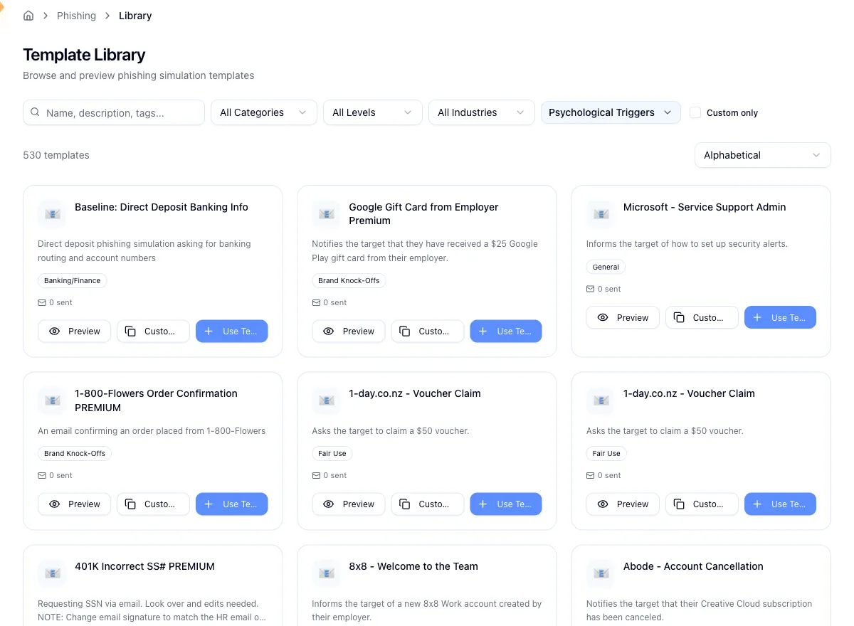 The template library with filters, template cards, and card actions