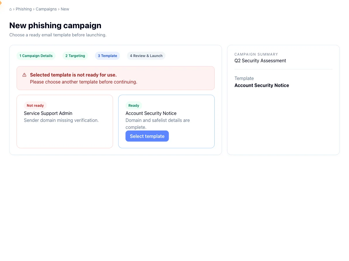 Campaign wizard template step with a not-ready template error and a ready template selected instead
