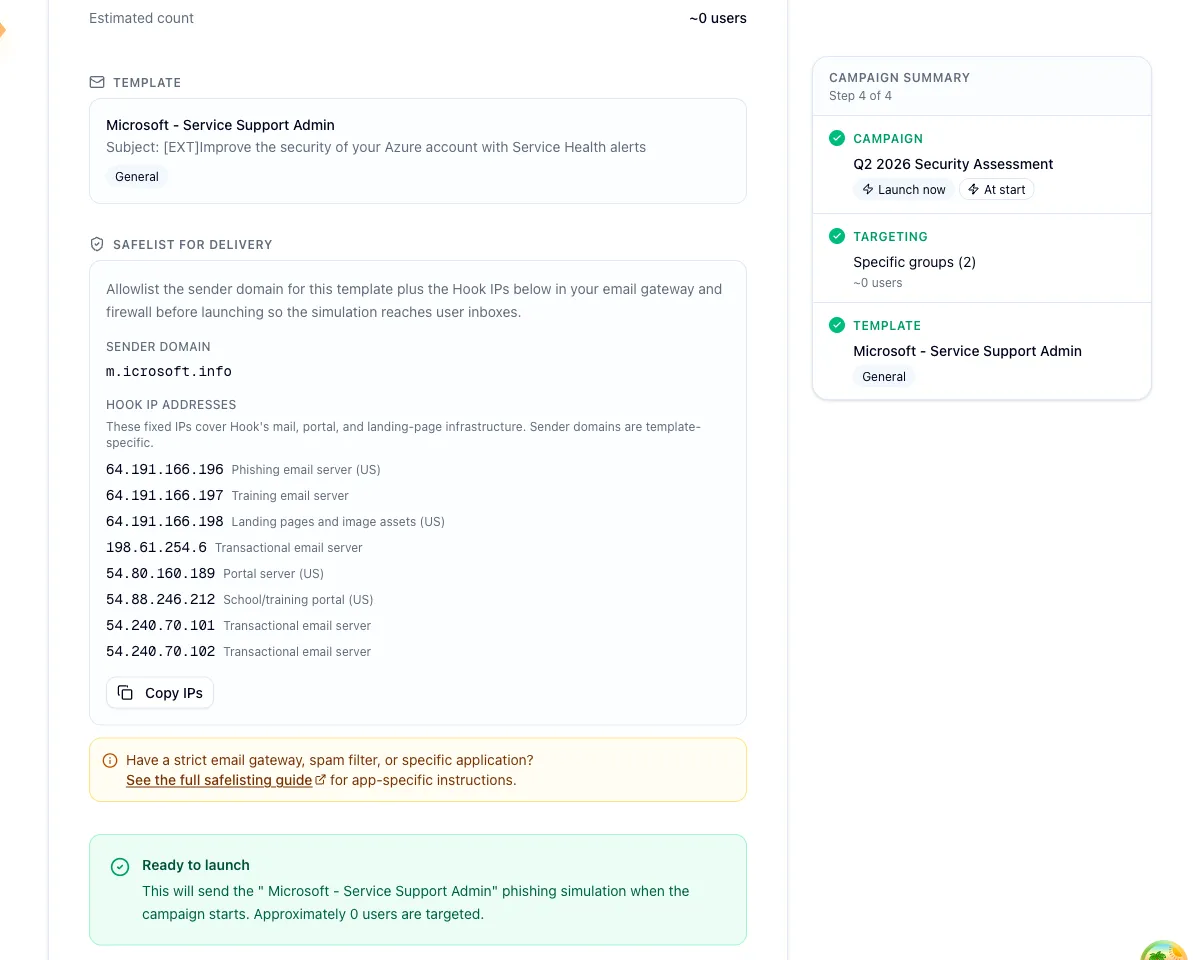 Wizard step four with the campaign summary and the safelist panel