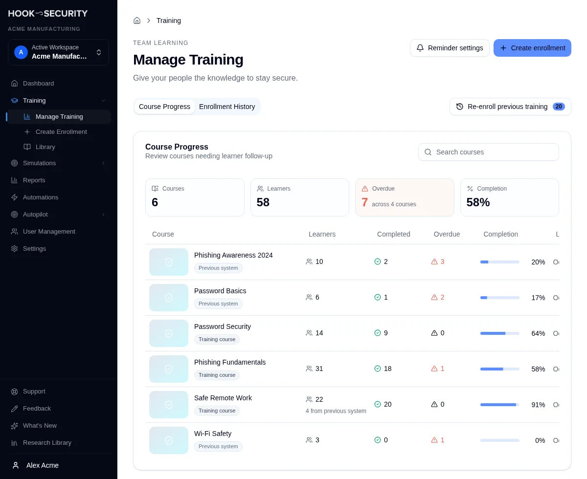 Manage Training with the Re-enroll previous training button beside the tabs, and previous-system courses tagged in Course Progress