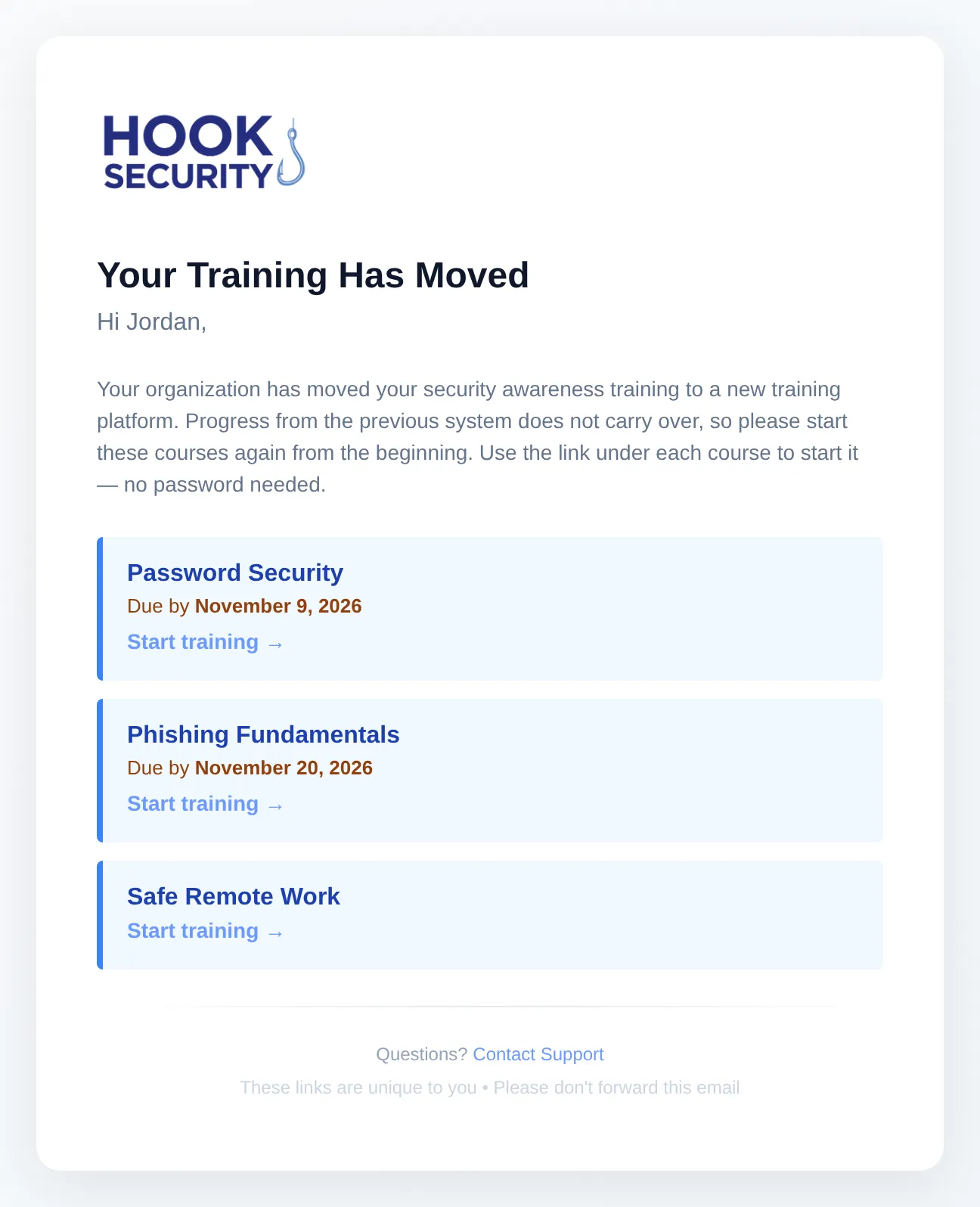 The training moved email listing three courses, each with its due date and its own start link