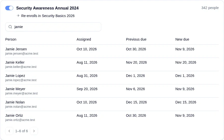 A large course searched down to a few matching people, with the page controls below