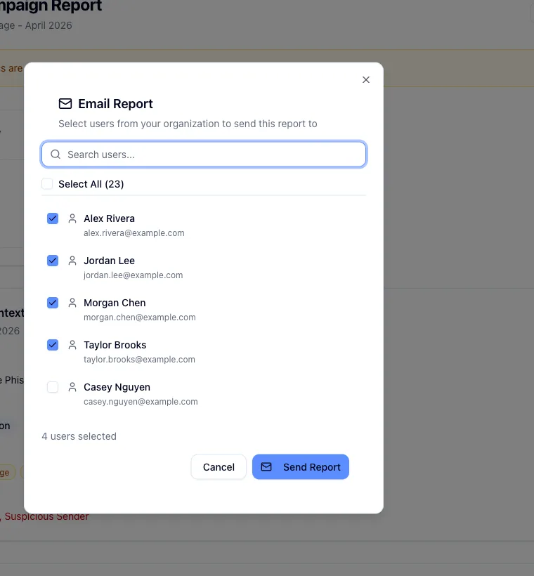 Email dialog listing the organization's users with search and checkboxes