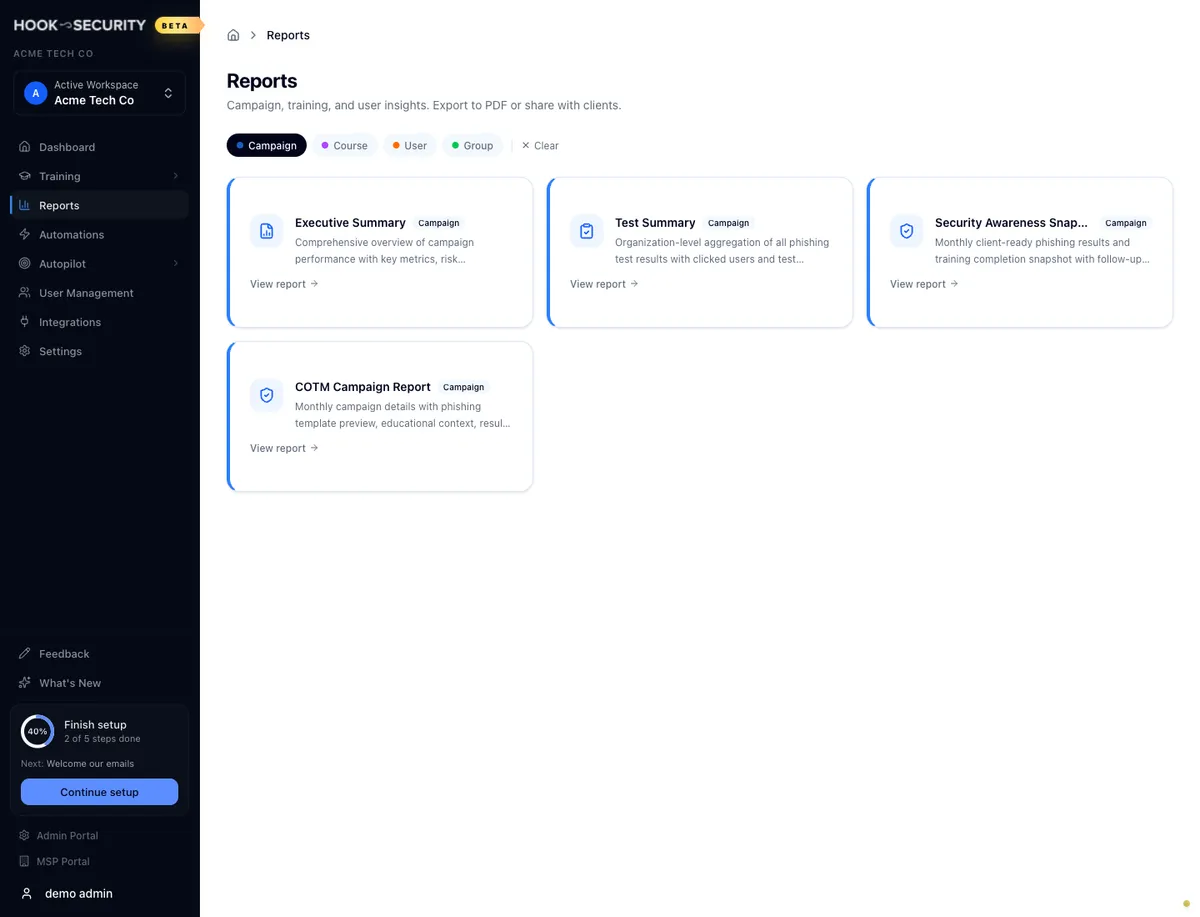 Reports catalog filtered to Campaign reports with the Clear button visible
