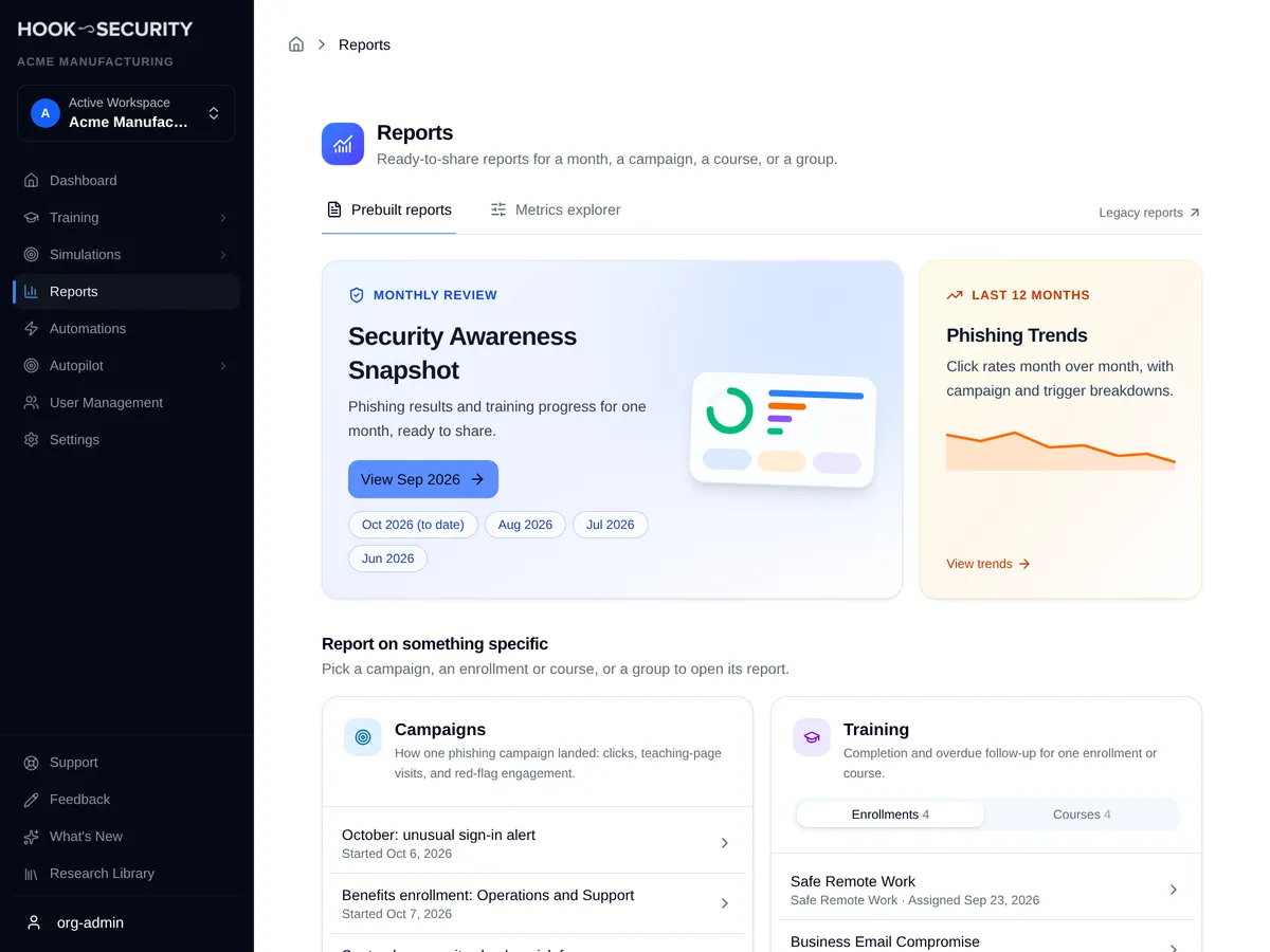 The Reports page with the Prebuilt reports and Metrics explorer tabs and the Legacy reports link at the top right