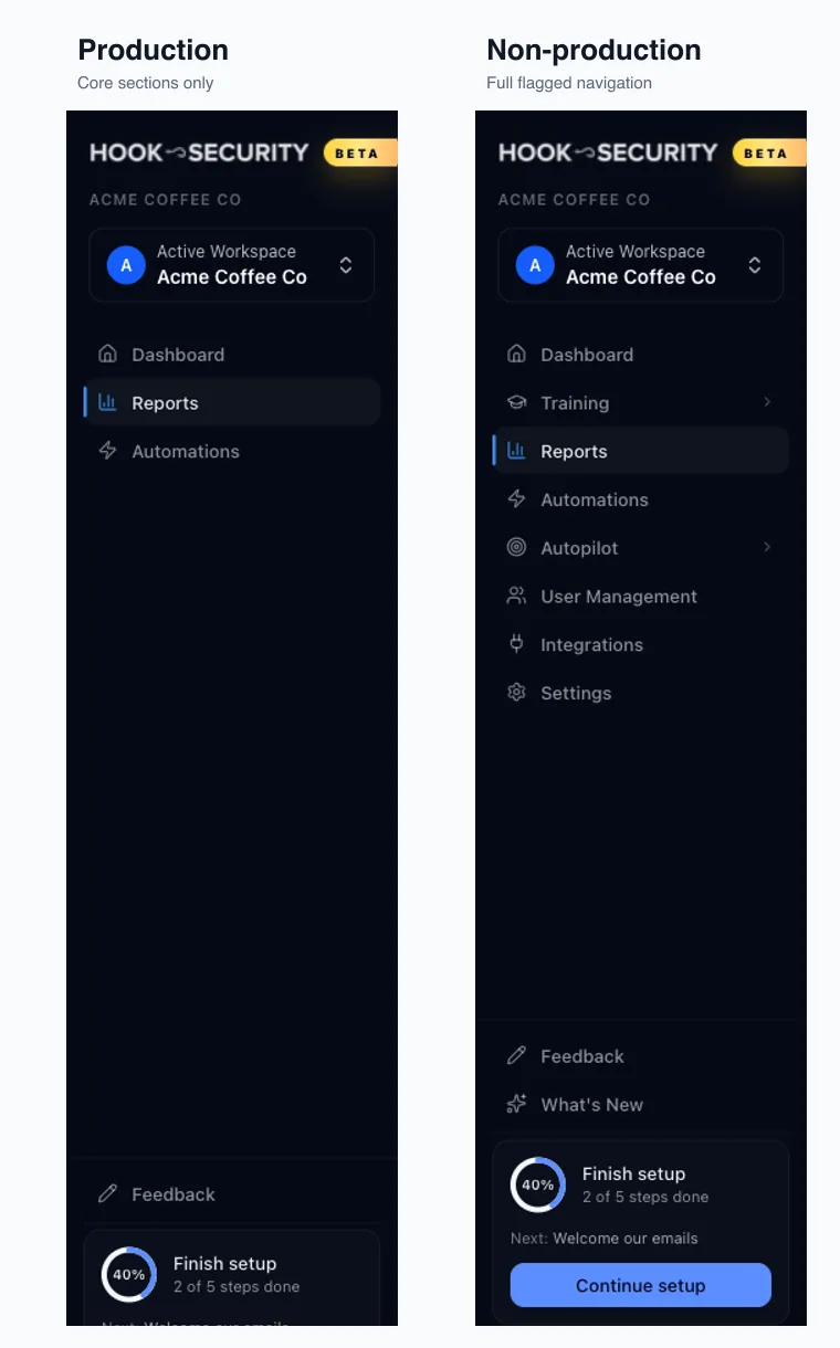 Production and non-production sidebar comparison showing gated navigation sections