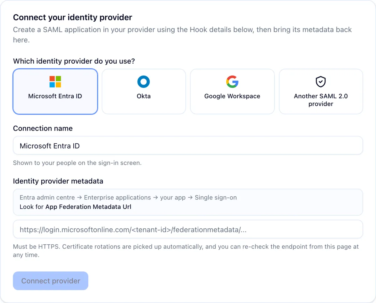 The connect form with the four provider choices, a connection name and a metadata URL field