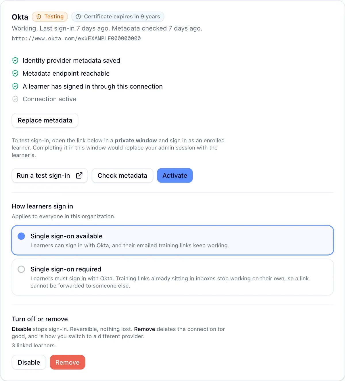 The connection panel with the status badge, health summary, setup checklist and sign-in mode options