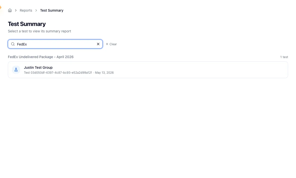 The Test Summary picker narrowed to one campaign, with a test row under the search box