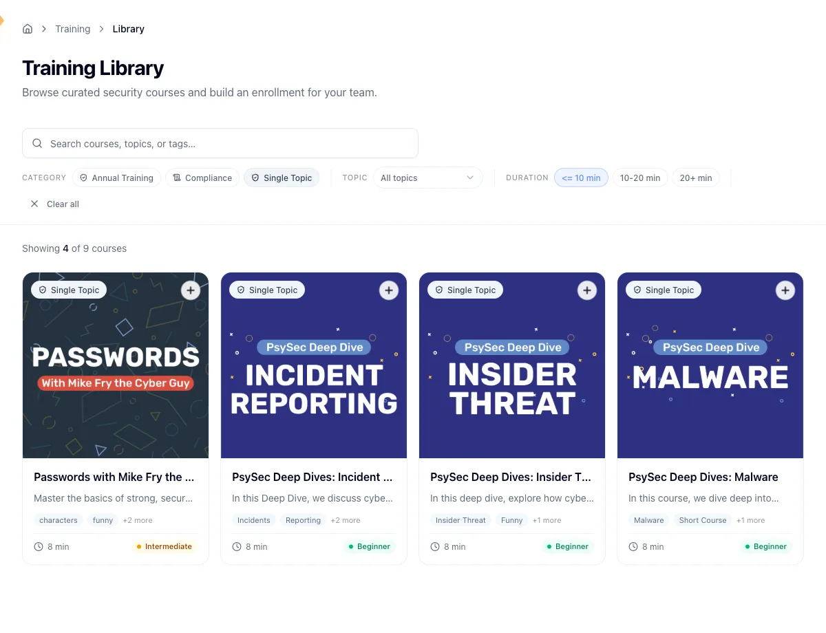 The Training Library with search, category filters, duration chips, and the course grid