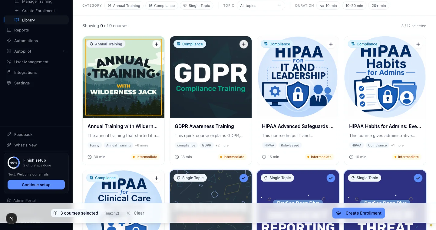 The selection bar showing three selected courses, Clear, and Create Enrollment