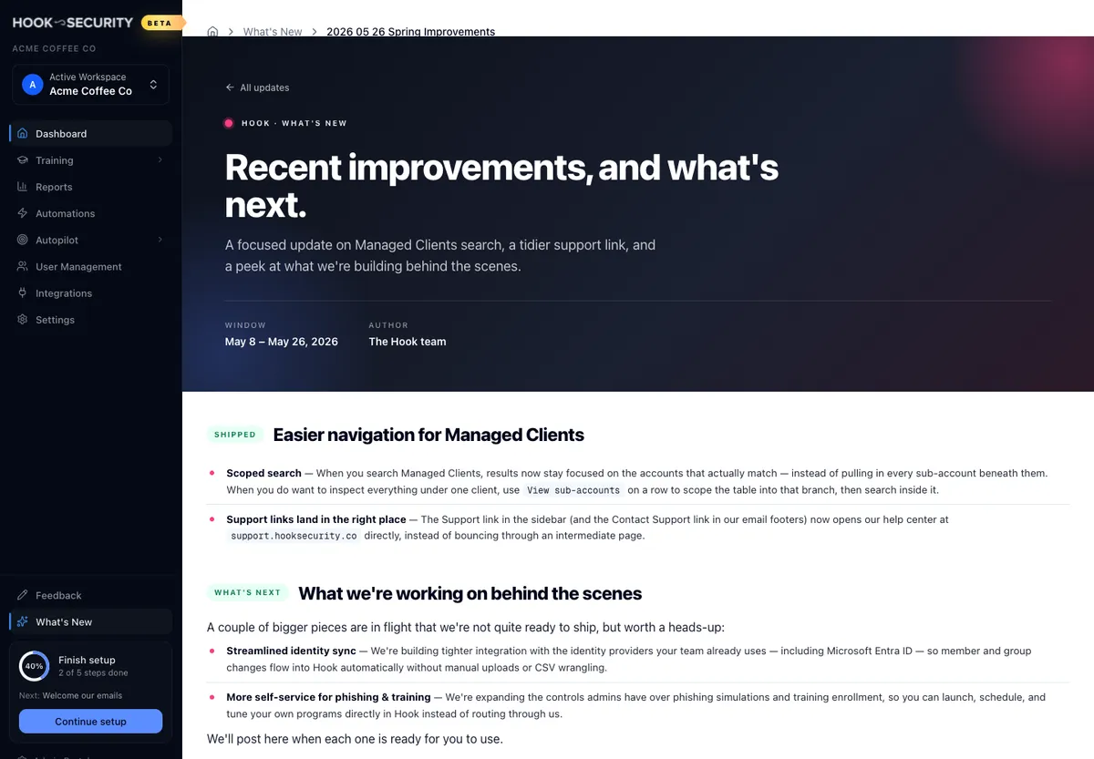 What's New post detail with the release headline, date range, author, and All updates back link